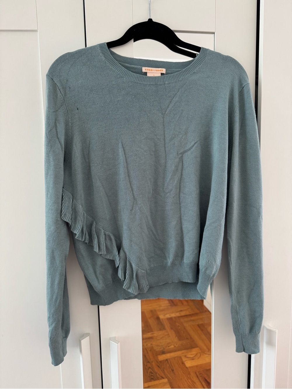 sweet romeo Light Teal Ruffle Crewneck Sweater